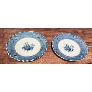 2 Vintage Currier & Ives Royal China Blue/White “Steamboat” 6” Saucer/Plate